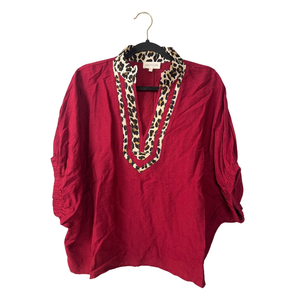 Entro Red Merlot Leopard Dolman Sleeve Boho Chic Top Large Flowy Oversized Indie